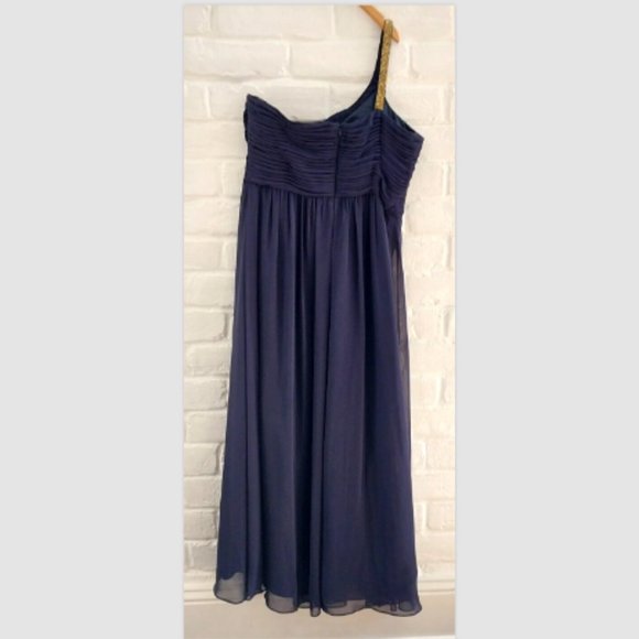 Calvin Klein Evening Dress 14 Blue Sleeveless Gold Beaded Gown One Shoulder Prom - Picture 4 of 11